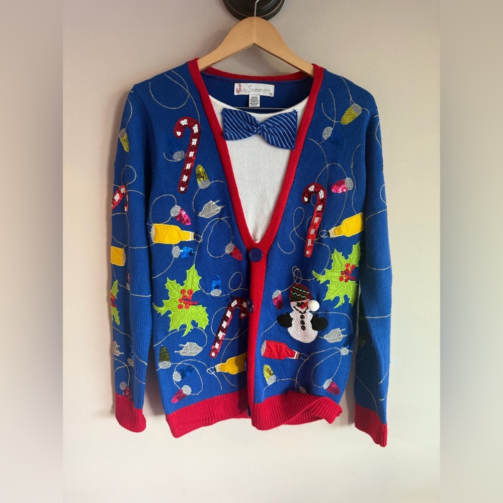 Jolly Sweaters Mens‎ Blue Ugly Christmas Sweater Bow Tie Sequin Snowman Medium